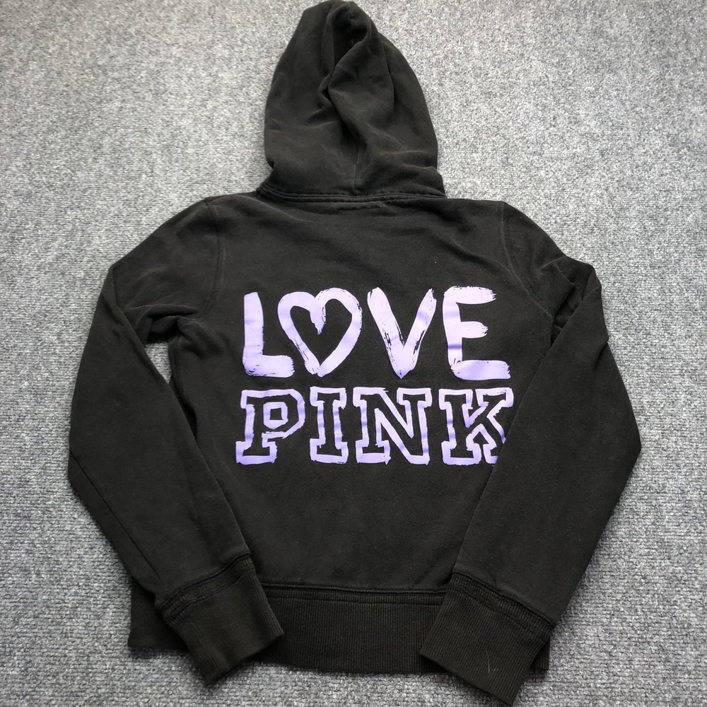 Victoria's Secret PINK Zip Up Hoodie Black Purple Heart Love Pink Graphic Medium - Picture 6 of 7